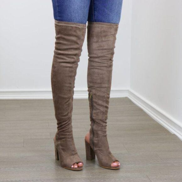 Suede Thigh High Peep Toe & Heel Chunky Heel Boot - Picture 4 of 8